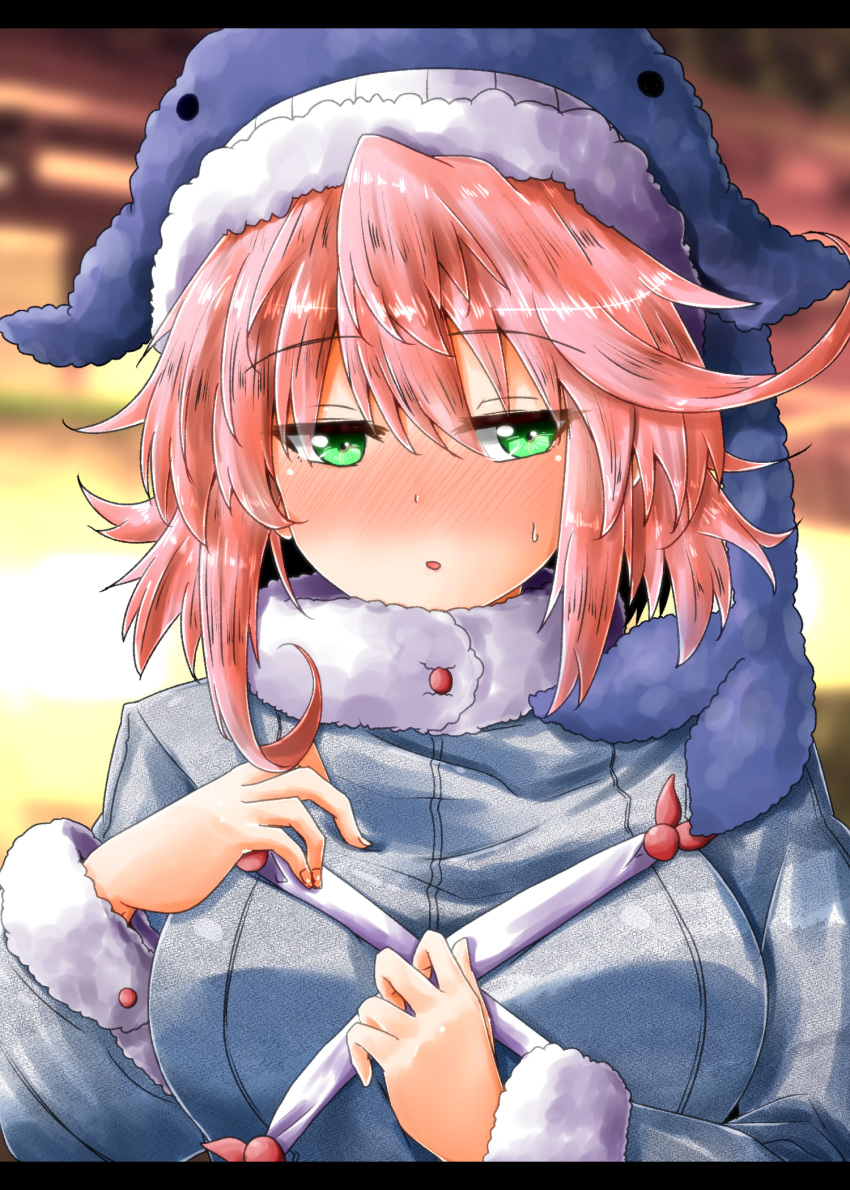1girl animal_hat blue_headwear blush breasts commentary_request eyebrows_visible_through_hair green_eyes hat highres large_breasts letterboxed long_sleeves looking_at_viewer okunoda_miyoi oshiaki parted_lips pink_hair solo sweatdrop touhou upper_body whale_hat
