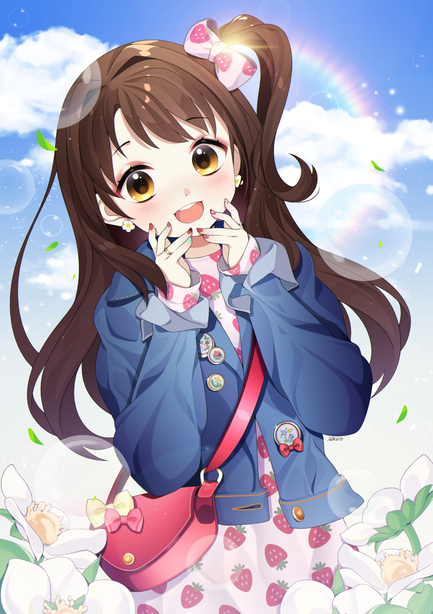 1girl :d absurdres badge bag blue_jacket blush bow brown_eyes brown_hair button_badge clouds day earrings flower flower_earrings food_print hair_bow handbag hands_up highres idolmaster idolmaster_cinderella_girls jacket jewelry lens_flare loggi long_hair long_sleeves looking_at_viewer one_side_up open_mouth outdoors print_bow red_nails ring shimamura_uzuki smile solo strawberry_print