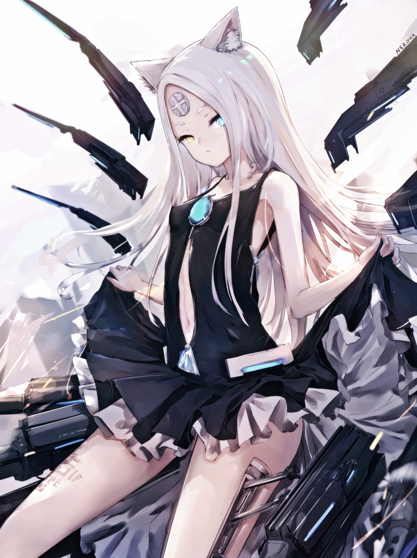 1girl animal_ear_fluff animal_ears artist_name bangs bare_arms bare_shoulders black_dress blue_eyes breasts closed_mouth commentary_request dress facial_mark forehead_mark glowing heterochromia highres long_hair looking_at_viewer mecha_musume navel nekoya_(liu) original parted_bangs signature skirt_hold sleeveless sleeveless_dress small_breasts solo very_long_hair white_hair yellow_eyes