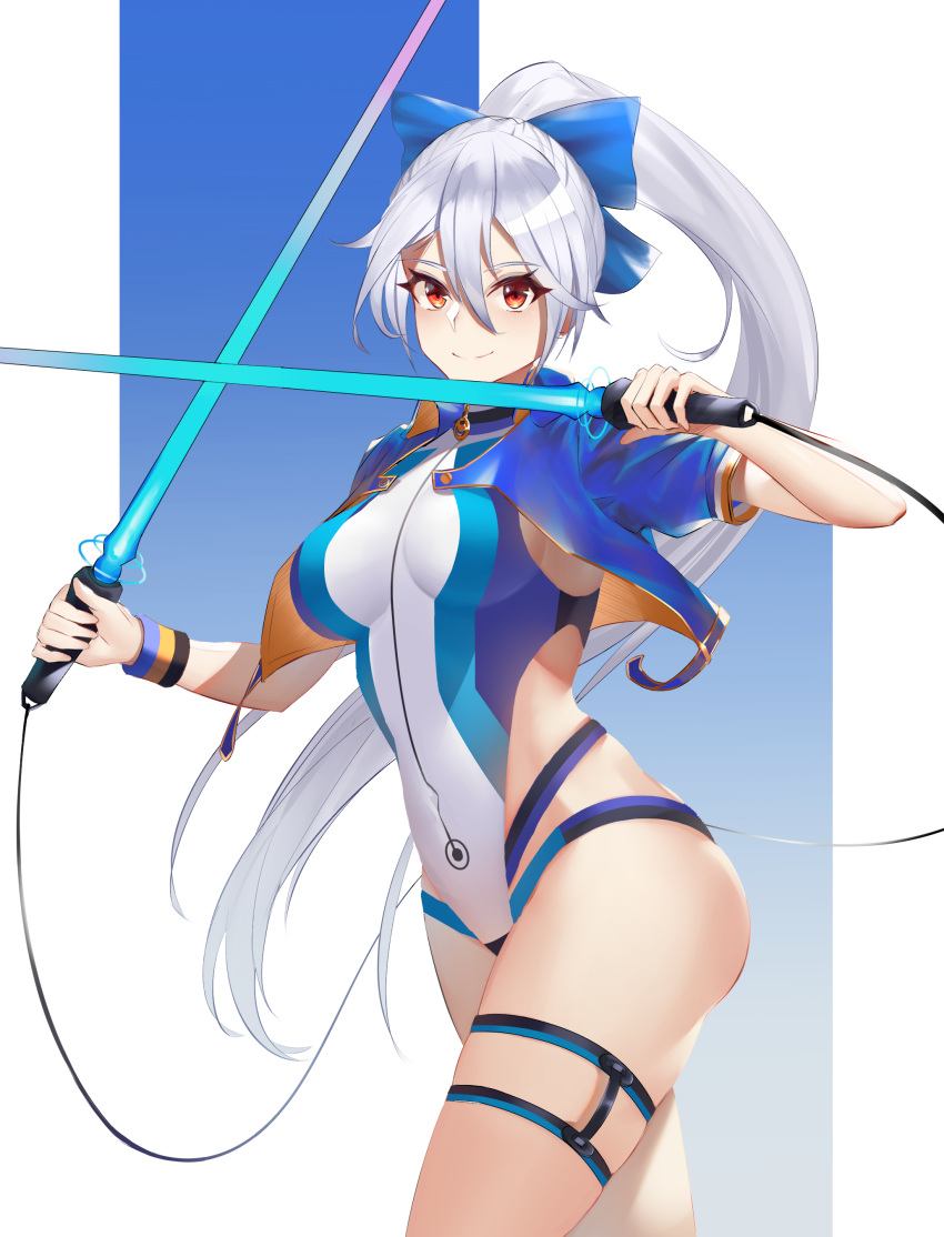 1girl absurdres blue_background blue_bow blue_jacket blue_swimsuit bow competition_swimsuit cropped_jacket crossed_swords dual_wielding energy_sword fate/grand_order fate_(series) hair_between_eyes hair_bow highleg highleg_swimsuit highres holding holding_sword holding_weapon jacket long_hair long_ponytail multicolored multicolored_clothes multicolored_swimsuit one-piece_swimsuit open_clothes open_jacket ponytail rausu_(undeadmachine) red_eyes short_sleeves silver_hair smile solo striped striped_swimsuit striped_wristband swimsuit sword thigh_strap tomoe_gozen_(fate/grand_order) tomoe_gozen_(swimsuit_saber)_(fate) two-tone_background very_long_hair weapon white_background white_swimsuit wristband