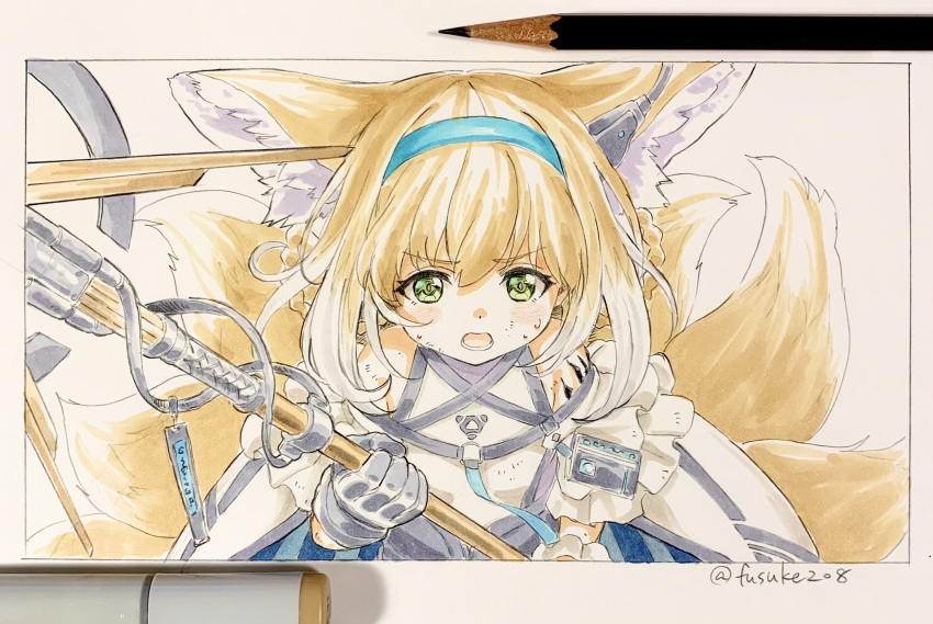 1girl animal_ear_fluff animal_ears arknights bangs bare_shoulders blonde_hair blue_hairband blush braid commentary_request eyebrows_visible_through_hair fuusuke_(fusuke208) gloves green_eyes grey_gloves hair_between_eyes hair_rings hairband highres holding looking_at_viewer multiple_tails open_mouth photo_(medium) single_glove solo suzuran_(arknights) sweat tail traditional_media upper_body