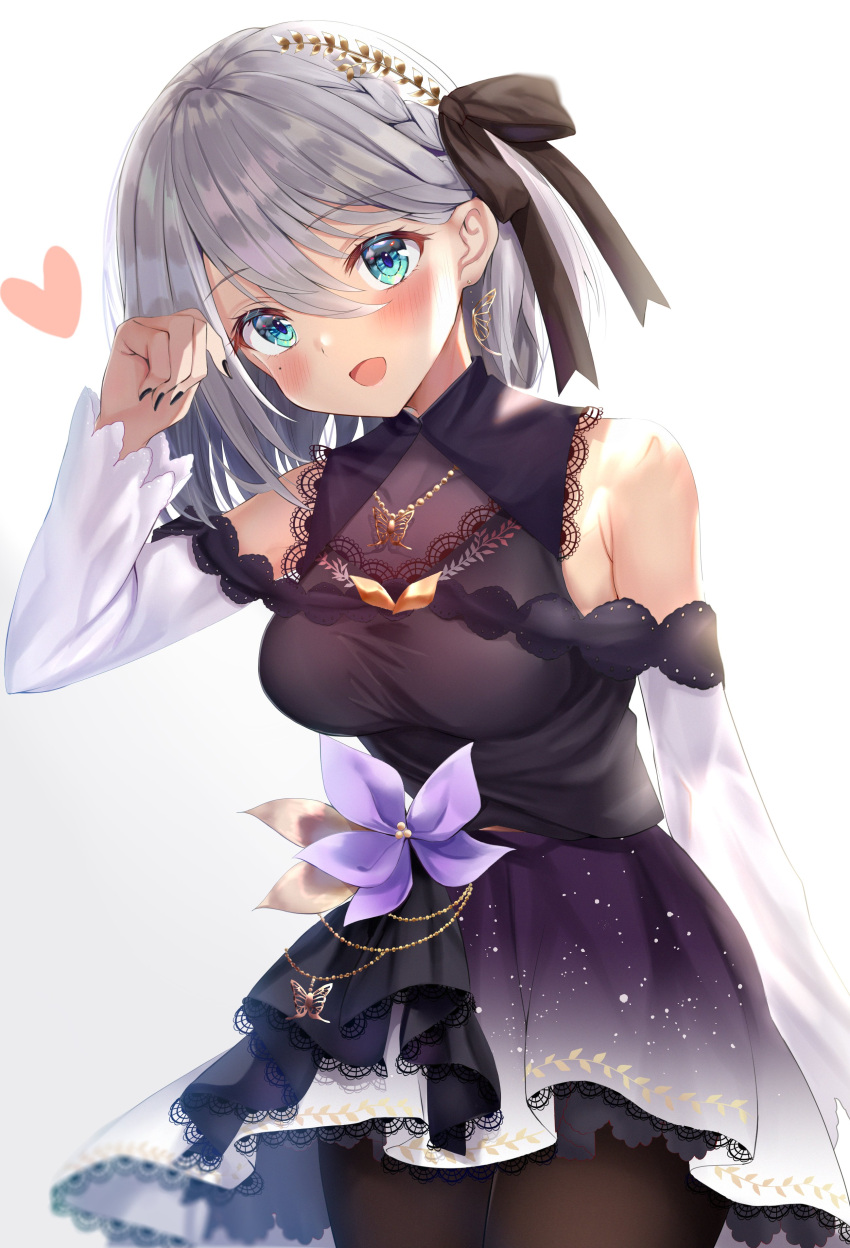 1girl :d absurdres bangs bare_shoulders black_nails black_shirt blue_eyes blush bra braid breasts brown_legwear brown_ribbon clothing_request commentary_request covered_collarbone cowboy_shot earrings flower grey_hair hair_between_eyes hair_ornament hair_ribbon hand_up head_tilt heart highres jewelry kaga_sumire lace-trimmed_bra lace-trimmed_skirt lace_trim large_breasts long_sleeves looking_at_viewer lupinus_virtual_games multicolored multicolored_clothes multicolored_skirt necklace open_mouth pantyhose purple_flower purple_skirt ribbon shirt simple_background skirt smile solo space_print starry_sky_print toratora_(nanahaba) underwear virtual_youtuber white_background white_skirt