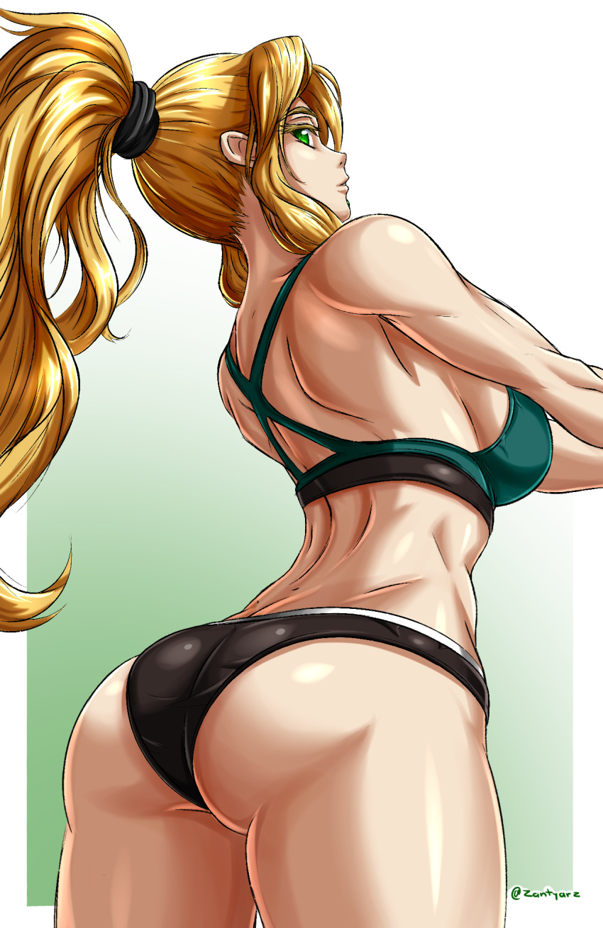 1girl ass bikini black_bikini black_scrunchie blonde_hair border breasts eyelashes fate/grand_order fate_(series) from_behind green_background green_bikini green_eyes hair_ornament hair_scrunchie highres large_breasts long_hair looking_at_viewer looking_back midriff muscle muscular_female quetzalcoatl_(fate/grand_order) scrunchie solo swimsuit twitter_username two-tone_bikini white_border zantyarz