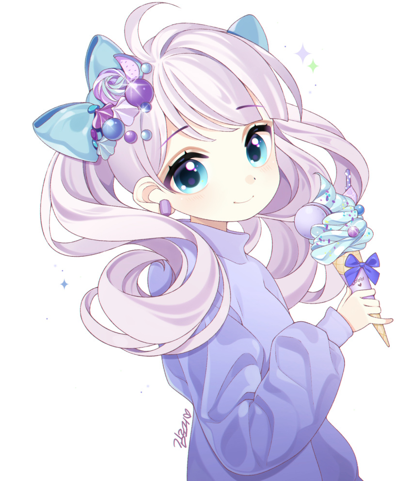 1girl ahoge blue_bow blue_eyes bow earrings food hair_bow hair_ornament highres holding holding_food ice_cream_cone jewelry loggi long_hair long_sleeves macaron original personification purple_shirt shirt simple_background smile sparkle upper_body white_background