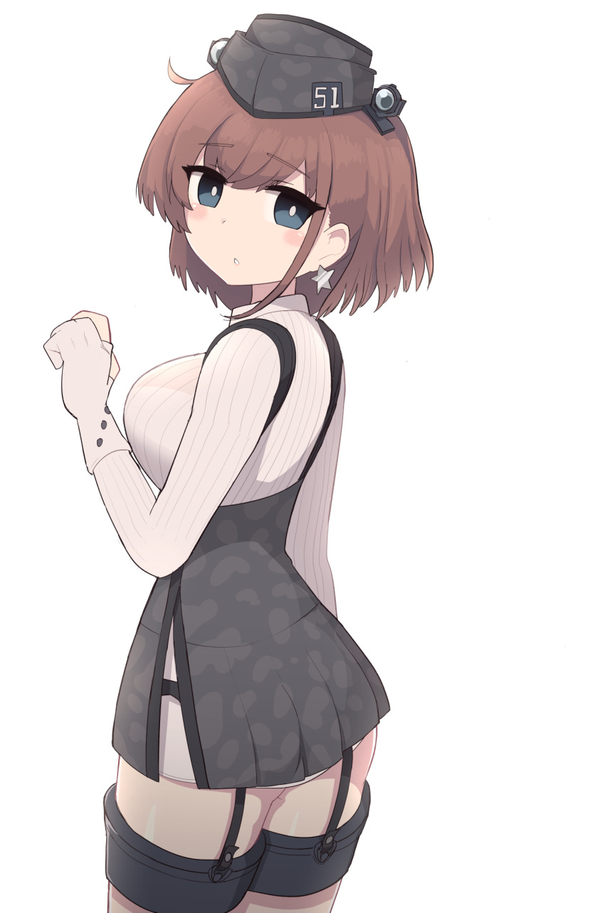 1girl alternate_hair_length alternate_hairstyle atlanta_(kantai_collection) bangs black_headwear blue_eyes blush breasts brown_hair earrings eyebrows_visible_through_hair garrison_cap garter_straps gloves hat headgear high-waist_skirt highres jewelry kantai_collection large_breasts long_sleeves partially_fingerless_gloves short_hair simoyuki simple_background single_earring skirt solo star_(symbol) star_earrings suspender_skirt suspenders white_background