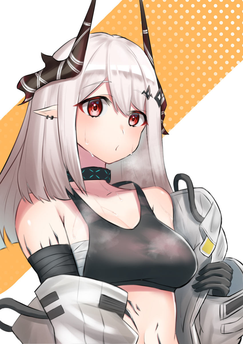 1girl absurdres arknights bangs bare_shoulders black_choker black_gloves breasts choker commentary_request crop_top eyebrows_visible_through_hair gloves halftone highres horns k@bu long_hair looking_at_viewer medium_breasts midriff mudrock_(arknights) navel oripathy_lesion_(arknights) pointy_ears red_eyes sarashi silver_hair solo sports_bra stomach sweat upper_body white_background