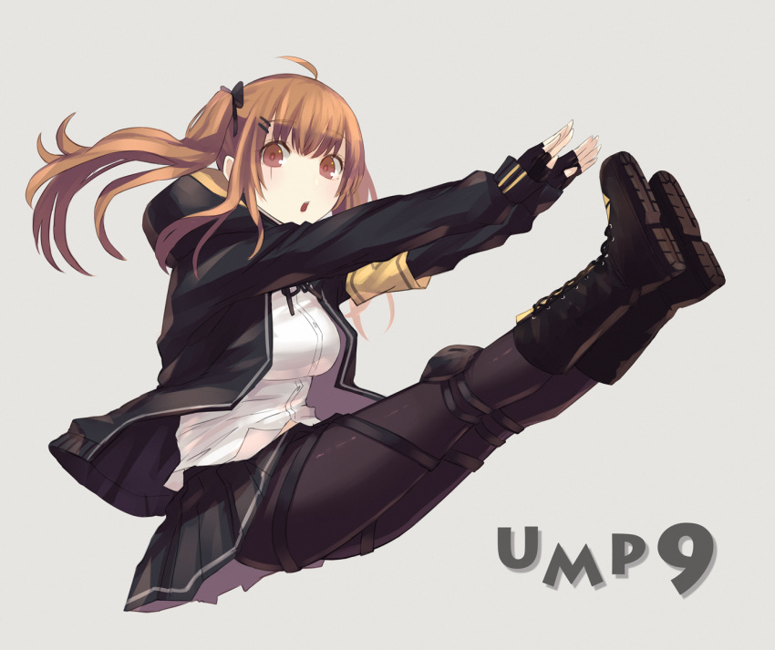 1girl ahoge asakiri_koko black_footwear black_gloves black_jacket black_legwear boots bow brown_eyes brown_hair character_name eyebrows_visible_through_hair girls_frontline gloves hair_bow hood hooded_jacket jacket long_hair looking_at_viewer open_clothes open_jacket open_mouth pantyhose partially_fingerless_gloves shirt skirt solo thigh_strap ump9_(girls_frontline) white_background white_shirt
