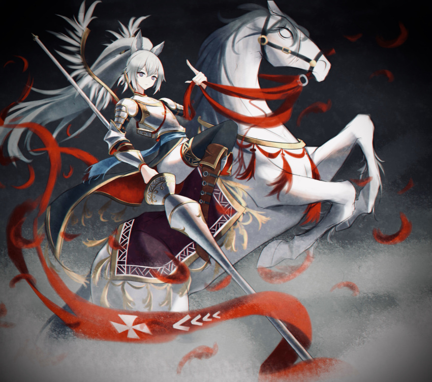absurdres animal_ears arknights armor banner boots breastplate english_commentary grani_(arknights) grey_eyes grey_hair highres horse horse_ears knight lance long_hair looking_at_viewer ochame petals poland polearm ponytail rearing riding shoulder_armor thigh-highs vambraces very_long_hair weapon winged_hussar