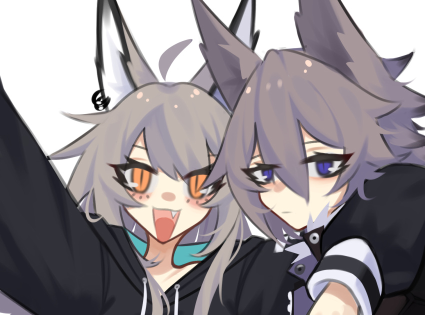 1boy 1girl animal_ears blue_eyes ear_piercing expressionless fang ghost_(tama) looking_at_viewer open_mouth original piercing self_shot white_background wolf_boy wolf_ears wolf_girl yellow_eyes