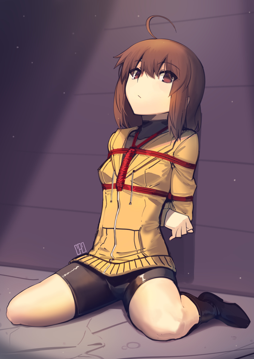 1girl absurdres against_wall ahoge bdsm bike_shorts bondage boots bound brown_eyes brown_hair commentary expressionless highres hood hoodie kaddo kneeling linne red_rope restrained rope solo tied_up under_night_in-birth yellow_hoodie