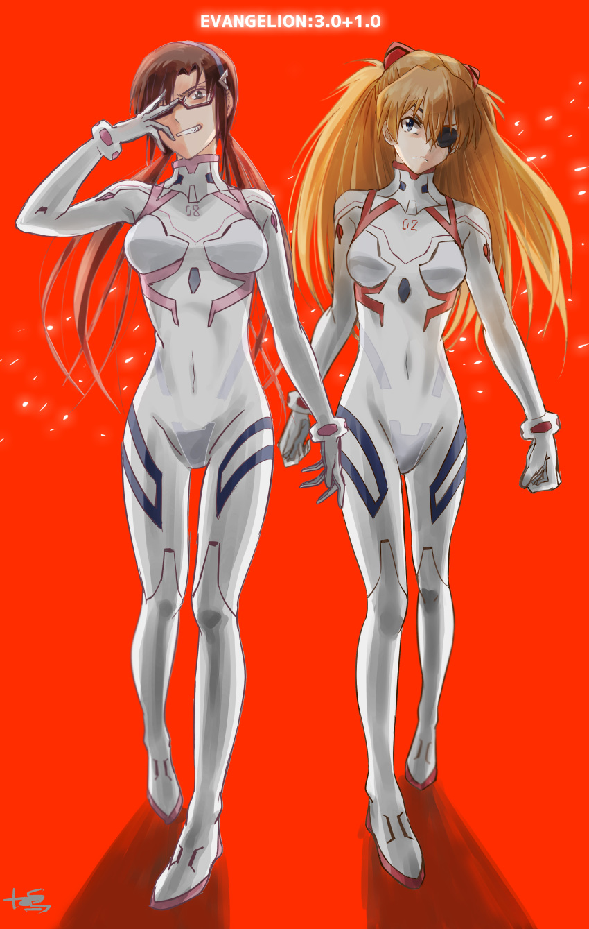 2girls absurdres bodysuit covering_eye evangelion:_3.0+1.0_thrice_upon_a_time eyepatch glasses highres interface_headset makinami_mari_illustrious multicolored multicolored_bodysuit multicolored_clothes multiple_girls neon_genesis_evangelion plugsuit rebuild_of_evangelion sabakan5555 shikinami_asuka_langley souryuu_asuka_langley test_plugsuit white_bodysuit