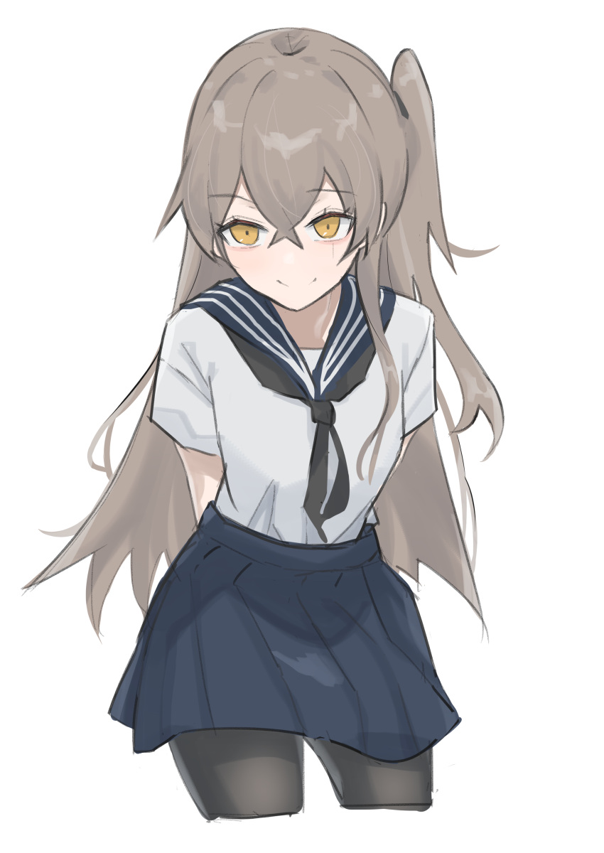 1girl absurdres alternate_costume bangs black_legwear blue_skirt closed_mouth commentary_request cowboy_shot cropped_legs eyebrows_visible_through_hair fuku00 girls_frontline grey_hair hair_between_eyes highres long_hair one_side_up pantyhose pleated_skirt sailor_collar scar scar_across_eye shirt simple_background skirt smile solo ump45_(girls_frontline) white_background white_shirt yellow_eyes