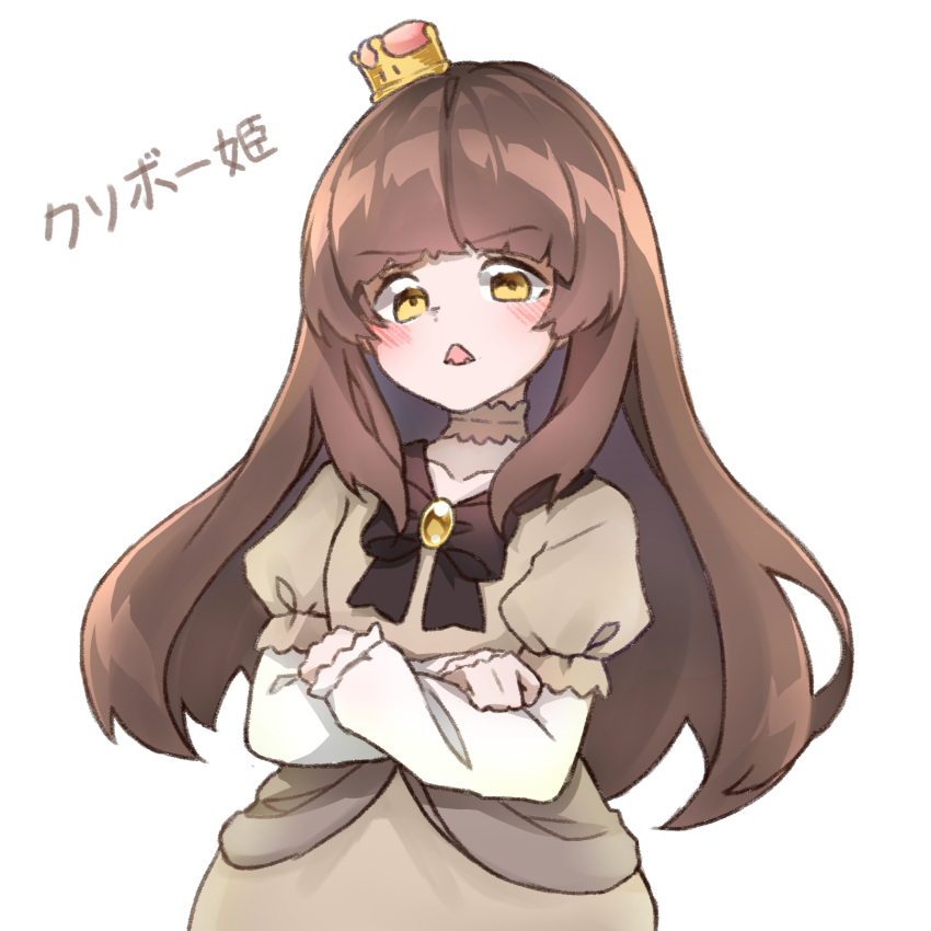 1girl bangs blush bow brooch brown_bow brown_dress brown_hair character_name collarbone commentary crossed_arms crown dress eyebrows_visible_through_hair fangs frilled_sleeves frills gem highres jewelry long_hair long_sleeves looking_at_viewer super_mario_bros. mini_crown murasaki_arashi neck_garter new_super_mario_bros._u_deluxe open_mouth princess_goomba puffy_short_sleeves puffy_sleeves shiny shiny_hair short_over_long_sleeves short_sleeves simple_background skin_fangs sleeves_past_wrists solo super_crown v-shaped_eyebrows white_background yellow_eyes