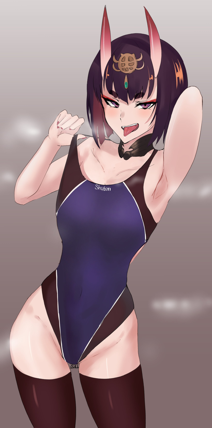1girl absurdres alternate_costume aya_(user_ddya7452) bare_shoulders bob_cut collarbone competition_swimsuit detached_collar eyeliner fangs fate/grand_order fate_(series) groin highres horns makeup one-piece_swimsuit oni oni_horns purple_hair short_eyebrows short_hair shuten_douji_(fate/grand_order) solo steaming_body swimsuit tongue tongue_out violet_eyes