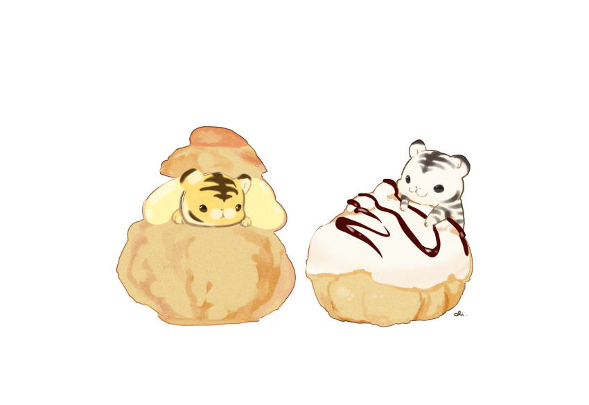 chai commentary_request cream cream_puff food highres in_food no_humans original pastry signature sweets tiger undersized_animal white_background white_tiger