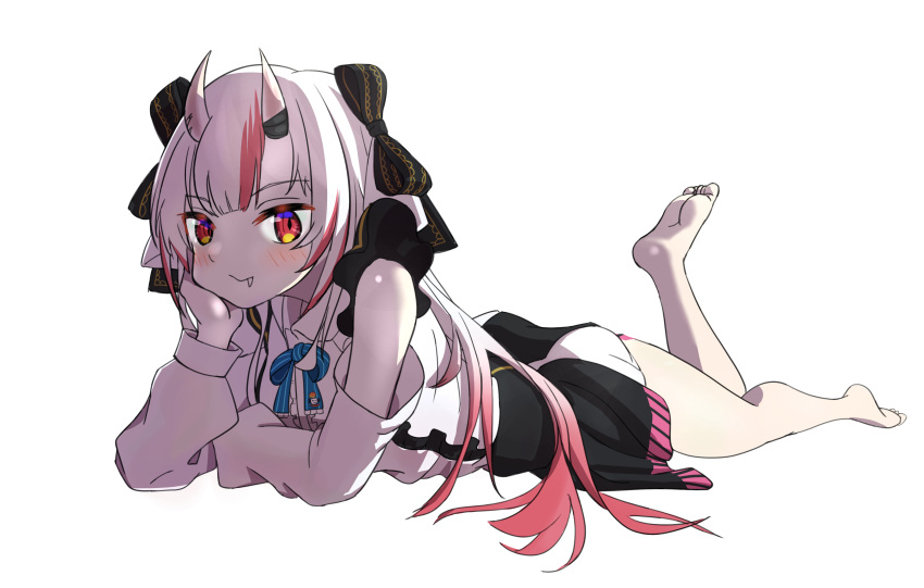 1girl absurdres bangs barefoot black_bow blue_bow blunt_bangs blush bow chin_rest closed_mouth colored_tips detached_sleeves elbow_rest fang foot_up full_body hair_flowing_over highres hololive horns invisible_floor legs long_hair looking_at_viewer lying multicolored_hair nakiri_ayame on_stomach oni oni_horns red_eyes simple_background solo streaked_hair striped striped_bow the_pose thighs very_long_hair virtual_youtuber white_background white_hair yama_narashi