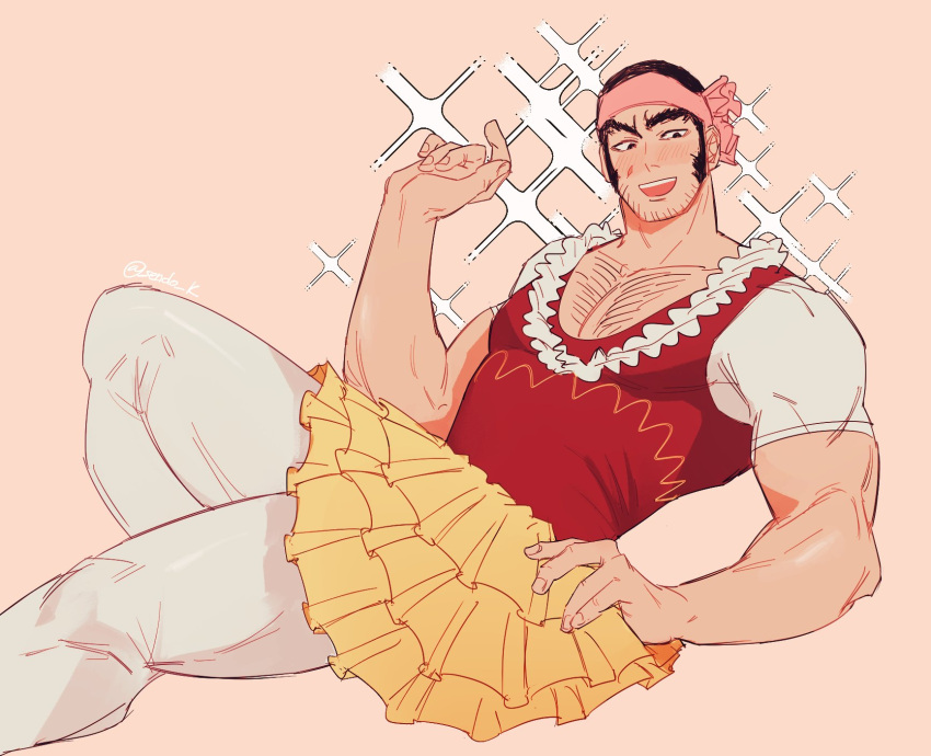 1boy alternate_costume bara black_eyes black_hair chest chest_hair crossdressinging dancer facial_hair golden_kamuy headband highres male_focus muscle pants sendo_k short_hair sideburns sketch skirt smile sparkle stubble tanigaki_genjirou thick_eyebrows thick_thighs thighs white_pants yellow_skirt