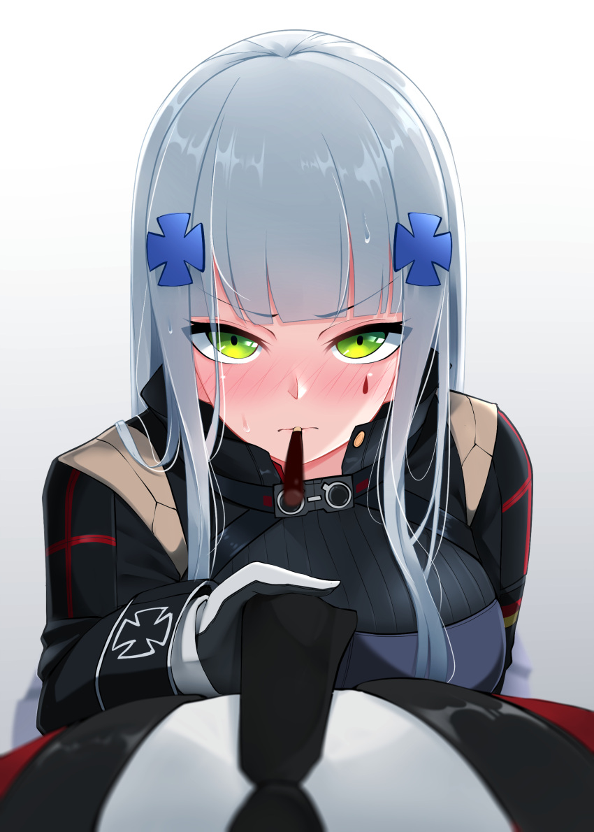 1girl absurdres bangs blunt_bangs blush facial_mark food girls_frontline gloves goggles goggles_around_neck green_eyes hair_ornament highres hk416_(girls_frontline) long_hair long_sleeves looking_at_viewer mouth_hold necktie necktie_grab neckwear_grab pocky pocky_day pov silver_hair solo_focus white_background z.taiga