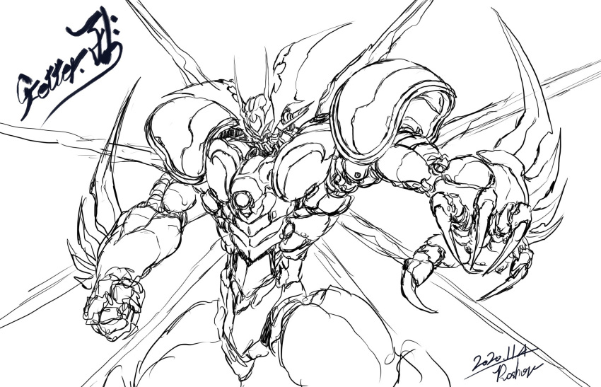 artist_name character_name dated getter_arc getter_robo getter_robo_arc highres mecha monochrome no_humans open_hand ryu_suio_shou sketch solo super_robot
