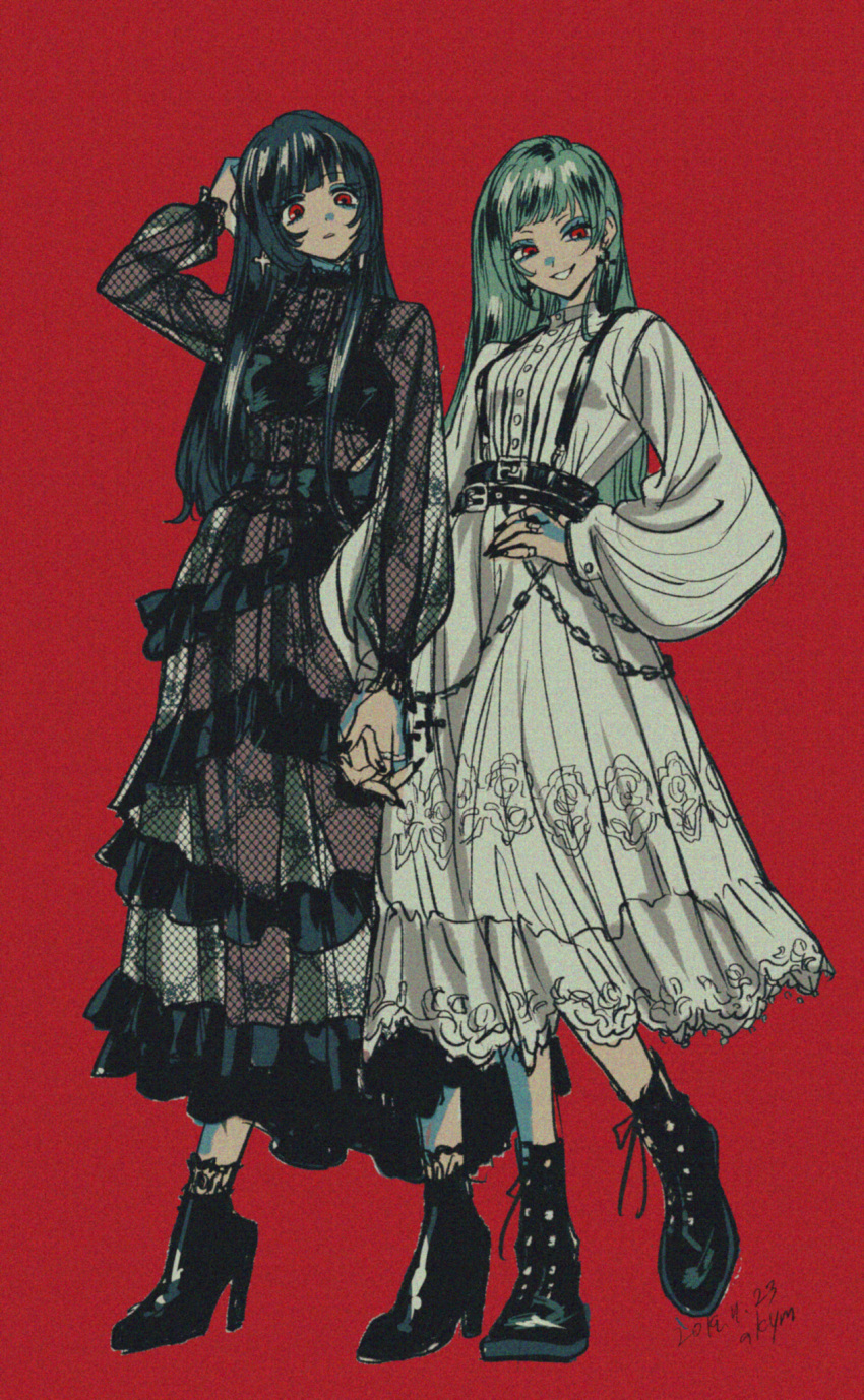 2girls akiyama_enma belt black_hair black_vs_white boots chain combat_boots cross cross_earrings dress earrings eyeshadow fingernails frilled_dress frills hand_on_hip hand_on_own_head high_heel_boots high_heels highres holding_hands jewelry lace long_fingernails long_hair makeup multiple_girls nail_polish original red_background red_eyes ring see-through silver_hair smirk suspenders walking