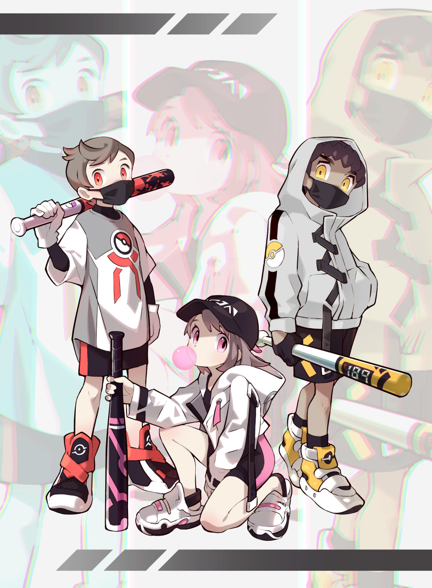 1girl 2boys absurdres alternate_costume alternate_eye_color bangs baseball_bat baseball_cap black_headwear black_shorts bubble_blowing chewing_gum commentary_request dark_skin dark_skinned_male gloria_(pokemon) gloves hand_in_pocket hat highres holding holding_baseball_bat hood hoodie hop_(pokemon) knees long_sleeves mask moti_(m0cch1m0) mouth_mask multiple_boys oversized_clothes oversized_shirt pink_eyes pokemon pokemon_(game) pokemon_swsh shirt shoes short_hair shorts squatting standing swept_bangs victor_(pokemon) white_gloves yellow_eyes