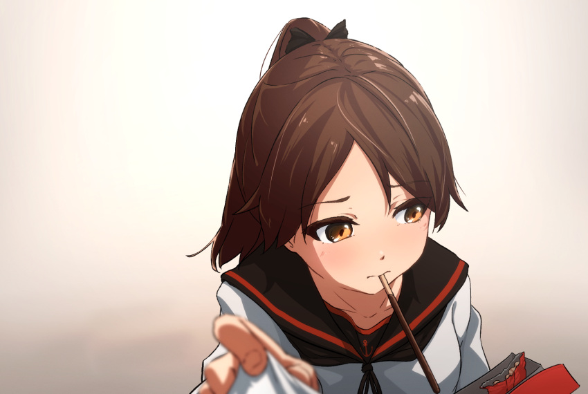 1girl anchor_print blush brown_eyes brown_hair food food_in_mouth highres i-coat incoming_pocky_kiss kantai_collection mouth_hold pocky pocky_day ponytail remodel_(kantai_collection) shikinami_(kantai_collection) shirt short_hair solo_focus upper_body white_shirt