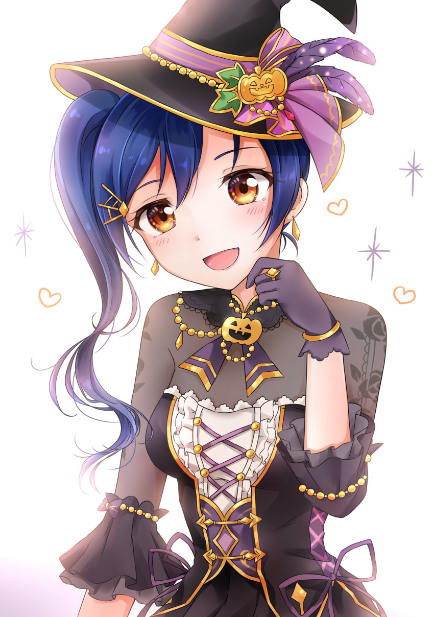 bangs blue_hair commentary_request earrings floral_print gloves hair_between_eyes hair_ornament hairclip hand_up hat highres jewelry long_hair looking_at_viewer love_live! love_live!_school_idol_festival love_live!_school_idol_project open_mouth rin5325 ring side_ponytail simple_background smile sonoda_umi witch_hat yellow_eyes