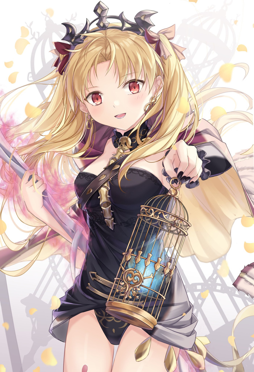 1girl asymmetrical_sleeves bangs birdcage black_dress breasts cage cape dress earrings ereshkigal_(fate/grand_order) fate/grand_order fate_(series) gold_trim highres hood hooded_cape hoop_earrings infinity jewelry long_hair looking_at_viewer medium_breasts meslamtaea_(weapon) multicolored multicolored_cape multicolored_clothes nattsu_(nattu888_8) open_mouth parted_bangs petals polearm red_cape red_eyes short_dress single_sleeve skull smile spear spine thighs tiara two_side_up weapon yellow_cape