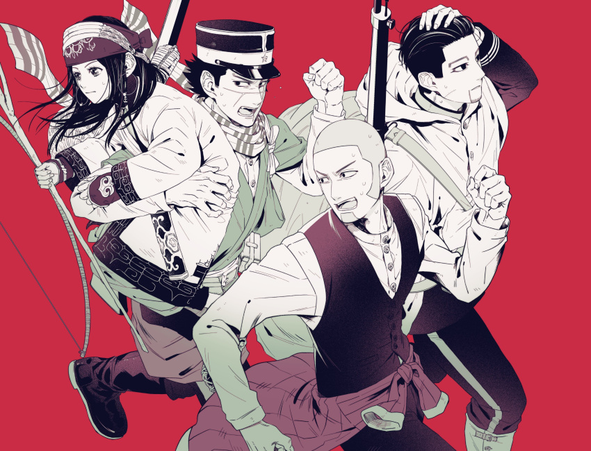 1girl 3boys absurdres ainu ainu_clothes arisaka asirpa bandana bolt_action boots bow_(weapon) carrying_over_shoulder cloak clothes_around_waist earrings facial_hair facial_scar feet_out_of_frame goatee golden_kamuy greyscale gun hair_slicked_back hair_strand hand_on_own_head haori hat highres holding holding_bow_(weapon) holding_stick holding_weapon hoop_earrings jacket jacket_around_waist japanese_clothes jewelry long_hair long_sleeves looking_away military military_hat military_uniform monochrome multiple_boys nose_scar ogata_hyakunosuke open_mouth pants red_background rifle running scar scar_on_cheek scarf shaved_head shiraishi_yoshitake short_hair sideburns simple_background sling stick sugimoto_saichi sweat uniform very_short_hair vest weapon yuu_(isis7796)