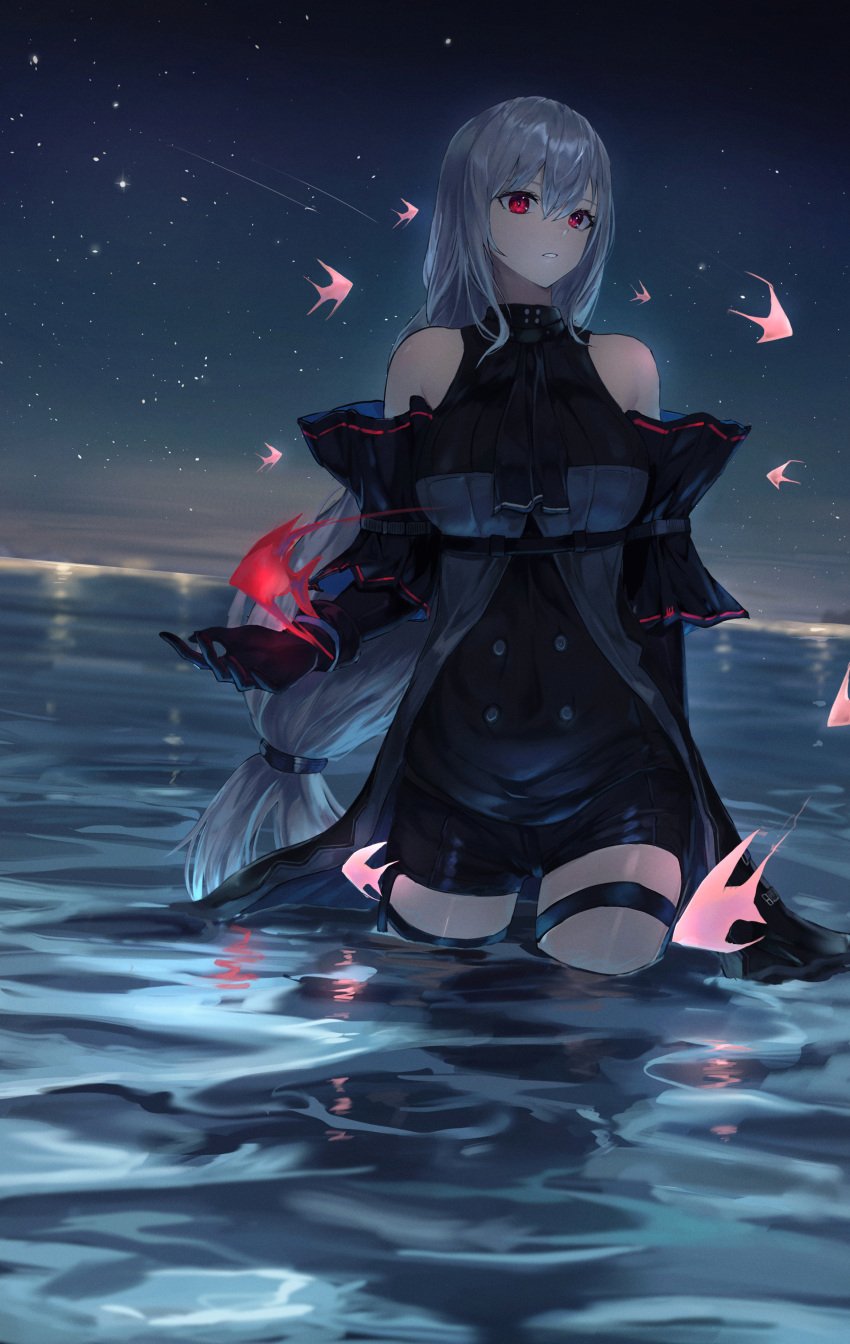 1girl absurdres arknights ascot bangs bare_shoulders black_gloves black_neckwear clothing_cutout commentary gloves hair_between_eyes highres huge_filesize long_hair low-tied_long_hair night night_sky no_hat no_headwear parted_lips red_eyes shichi_(ratorin53) silver_hair skadi_(arknights) sky solo standing thigh_cutout thighs very_long_hair wading water