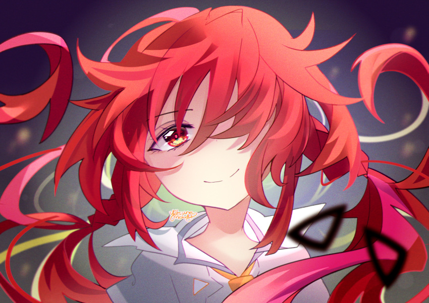 1girl braid collared_shirt hair_ornament hair_over_one_eye hairclip highres long_hair looking_at_viewer necktie neptune_(series) orange_eyes orange_neckwear red_eyes redhead shin_jigen_game_neptune_vii shirt signature smile solo tennouboshi_uzume twin_braids twintails upper_body very_long_hair white_shirt yitsune_melody