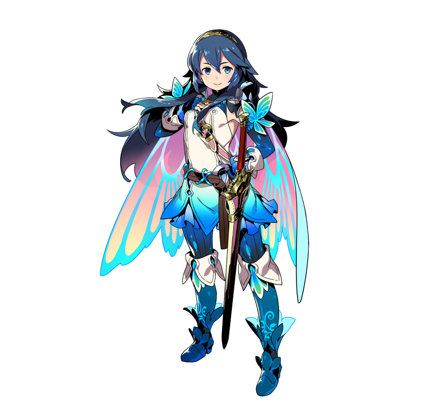 1girl absurdres artist_request bangs belt blue_bodysuit blue_eyes blue_hair blush bodysuit bodysuit_under_clothes boots cape closed_mouth commentary_request detached_sleeves dress falchion_(fire_emblem) fingerless_gloves fire_emblem fire_emblem_awakening fire_emblem_heroes flat_chest full_body gloves gradient gradient_cape gradient_clothes hand_on_hip hand_on_own_chest highres jewelry lips long_hair looking_at_viewer lucina_(fire_emblem) official_art ribbed_bodysuit sheath sheathed shiny shiny_hair shiny_skin short_dress simple_background skin_tight smile solo standing sword thigh-highs thigh_boots tiara turtleneck weapon white_background