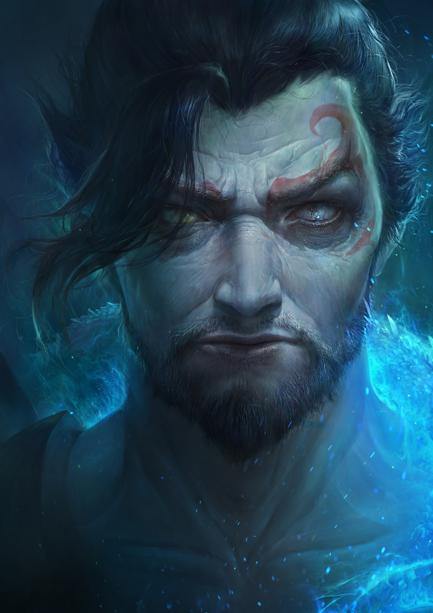 1boy absurdres beard black_hair blue_background blue_fire closed_mouth collarbone commentary dark demon_hanzo embers english_commentary eyebrows eyes face facial_hair facial_tattoo fire furrowed_eyebrows hanzo_(overwatch) heterochromia highres joo_yann_ang lips male_focus nose overwatch short_hair solo tattoo upper_body widow's_peak
