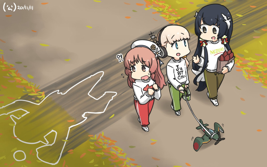 3girls alternate_costume bangs black_hair blonde_hair blue_eyes blunt_bangs casual chalk_outline character_request collar dog_collar flying_sweatdrops green_pants grey_eyes gym_pants hair_ornament hair_ribbon hamu_koutarou highres ju_87 kantai_collection leaf leash long_hair long_sleeves looking_at_another looking_to_the_side low-tied_long_hair mizuho_(kantai_collection) multiple_girls open_mouth outdoors pants red_pants ribbon scared shin'you_(kantai_collection) sidelocks silhouette tree very_long_hair walking wavy_hair