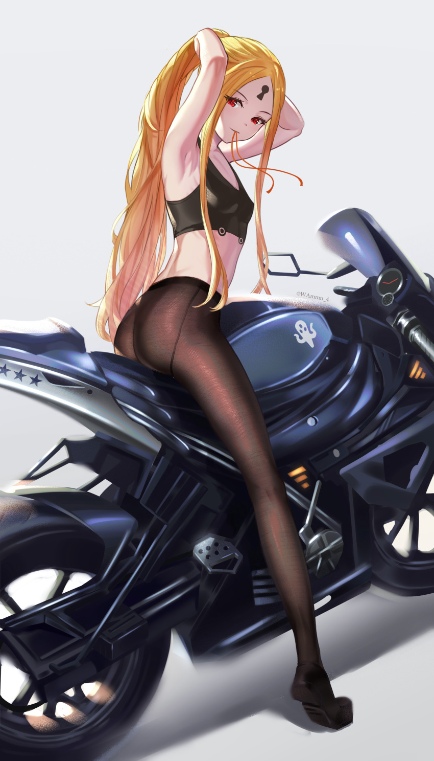 1girl abigail_williams_(fate/grand_order) absurdres adjusting_hair armpits arms_up artist_name ass bangs bare_arms bare_shoulders black_footwear black_legwear blonde_hair breasts closed_mouth collarbone commentary_request crop_top facial_mark fate/grand_order fate_(series) forehead_mark ground_vehicle highres keyhole legs long_hair looking_at_viewer midriff motor_vehicle motorcycle mouth_hold pale_skin pantyhose parted_bangs ponytail red_eyes ribbon ribbon_in_mouth shoes sitting small_breasts smile solo sports_bra tying_hair very_long_hair wang_man