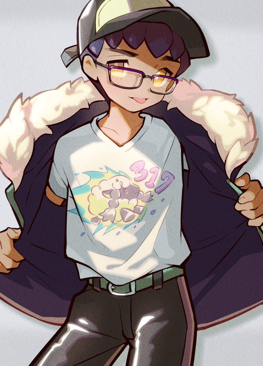 1boy absurdres alternate_costume bangs baseball_cap belt bespectacled commentary_request dark_skin dark_skinned_male fur-trimmed_jacket fur_trim gen_8_pokemon glasses hat highres hop_(pokemon) jacket looking_at_viewer male_focus moti_(m0cch1m0) open_clothes open_jacket pants pokemon pokemon_(game) pokemon_swsh shirt short_hair short_sleeves solo t-shirt tongue tongue_out wooloo yellow_eyes