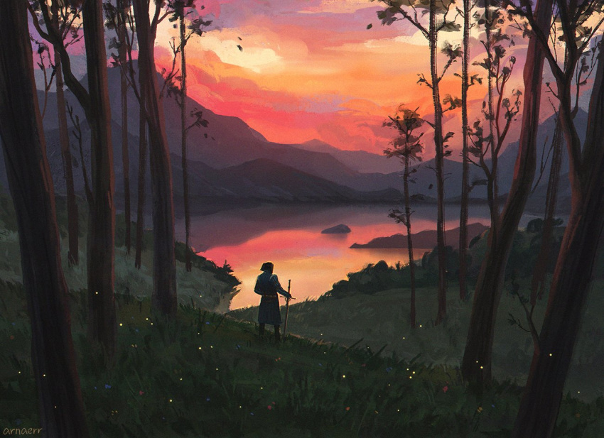 1boy arnaerr artist_name belt bush clouds cloudy_sky commentary dawn english_commentary forest grass headwear holding holding_sword holding_weapon lake long_sleeves long_sword male_focus manly mountain nature scenery sky solo standing sword the_witcher tree vernon_roche weapon wide_shot