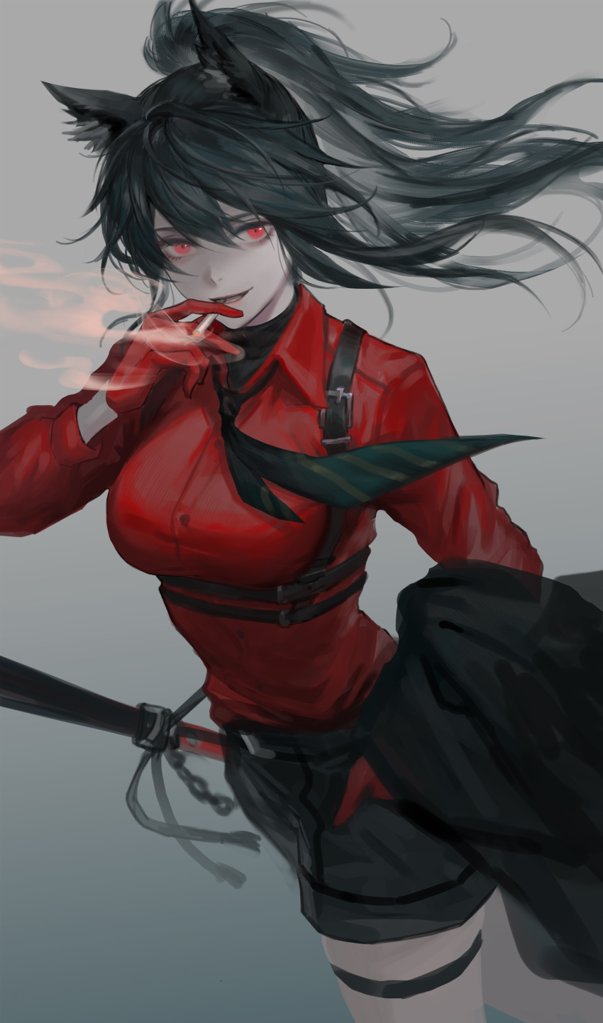 1girl :d absurdres animal_ears arknights black_hair breasts cigarette cowboy_shot floating_hair gloves grey_background hand_up highres long_hair long_sleeves medium_breasts official_alternate_costume open_mouth red_eyes red_gloves red_shirt shirt smile smoke smoking solo standing texas_(arknights) texas_(willpower)_(arknights) thigh_strap wolf_ears youyi_(jiam009)
