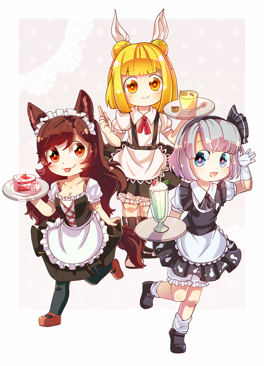 3girls absurdres alternate_costume animal_ears apron blonde_hair blue_eyes brown_hair cake cake_slice chibi dessert drink drinking_straw dungeon_toaster enmaided eyebrows_visible_through_hair food glass gloves grey_hair hair_ornament highres holding holding_food huge_filesize ice_cream imaizumi_kagerou joutouguu_mayumi konpaku_youmu long_hair looking_at_viewer maid maid_apron maid_headdress milkshake multiple_girls open_mouth pudding red_eyes self_upload simple_background spoon standing standing_on_one_leg tail tongue tongue_out touhou wolf_ears wolf_girl wolf_tail yellow_eyes
