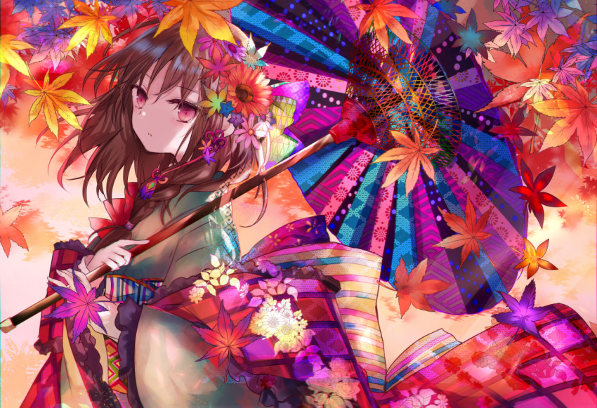1girl autumn_leaves bangs blue_flower braid brown_hair commentary_request eyebrows_visible_through_hair flower grey_kimono hair_between_eyes hair_flower hair_ornament hair_over_shoulder holding holding_umbrella japanese_clothes kazu_(muchuukai) kimono leaf leaf_hair_ornament long_hair long_sleeves looking_at_viewer maple_leaf obi oriental_umbrella original parted_lips pink_flower purple_flower red_eyes red_flower sash single_braid solo striped umbrella wide_sleeves