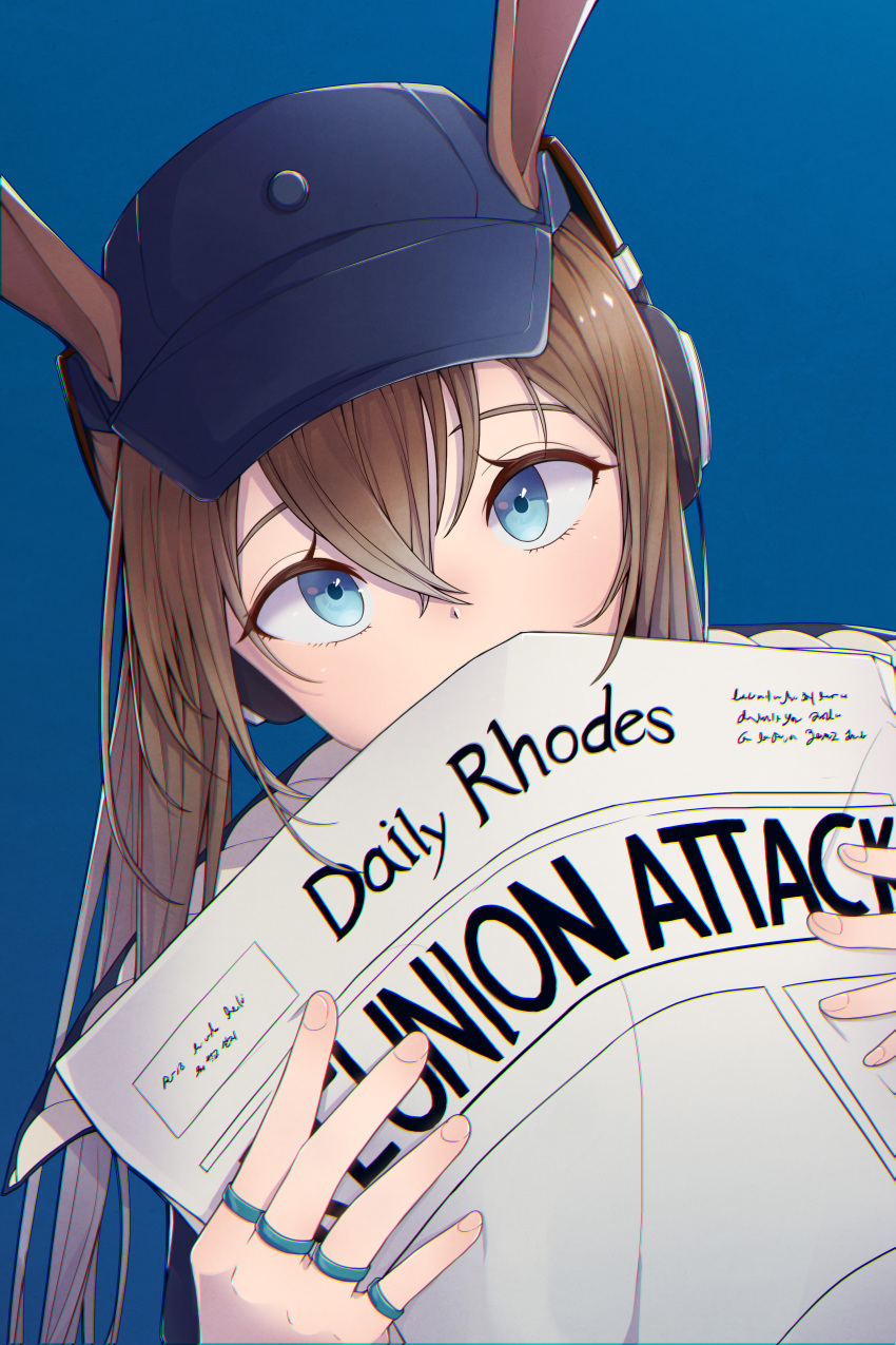 1girl absurdres amiya_(arknights) amiya_(newsgirl)_(arknights) animal_ears arknights bangs blue_background blue_eyes blue_headwear brown_hair commentary_request english_text eyebrows_visible_through_hair hair_between_eyes hank_(gogaek) hat headphones highres holding holding_paper jewelry long_hair looking_at_viewer paper rabbit_ears ring sidelocks simple_background solo thumb_ring upper_body