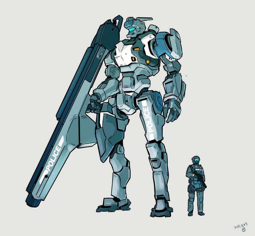 1boy dated grey_background gun highres holding holding_gun holding_weapon looking_ahead mecha moi_moi7 open_hand original police science_fiction visor weapon