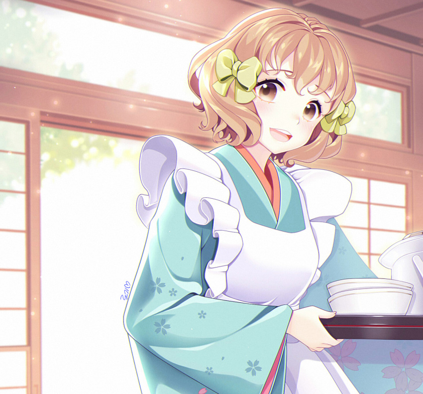 1girl :d apron blue_kimono bow brown_eyes brown_hair commentary floral_print hair_bow hair_ornament hanasaku_iroha highres holding holding_tray indoors japanese_clothes kimono loggi looking_at_viewer matsumae_ohana open_mouth plate short_hair smile standing tray wide_sleeves yellow_bow