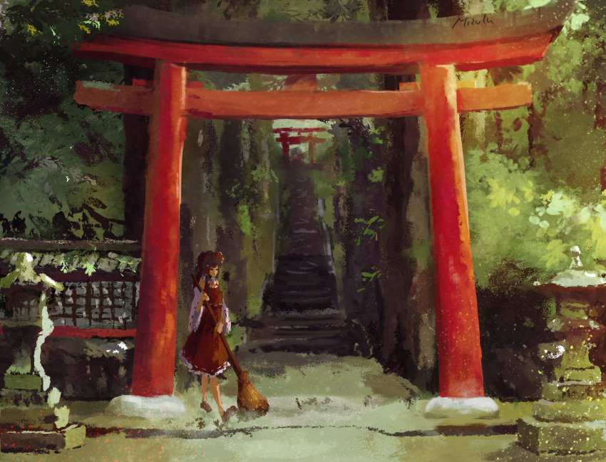 1girl architecture ascot ayywa bare_shoulders bow broom brown_hair collared_shirt detached_sleeves east_asian_architecture english_commentary frilled_bow frilled_skirt frills hair_bow hair_tubes hakurei_reimu hakurei_shrine highres japanese_clothes medium_hair miko nontraditional_miko petticoat red_shirt red_skirt ribbon ribbon-trimmed_sleeves ribbon_trim shirt shrine skirt skirt_set sleeveless sleeveless_shirt solo stairs stone_lantern stone_walkway torii touhou wide_sleeves yellow_neckwear