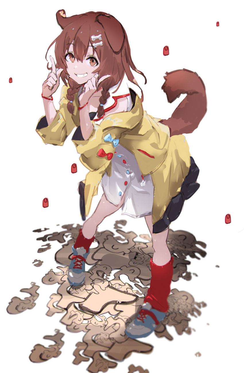 1girl animal_ears bangs blue_bow bone_hair_ornament bow brown_eyes brown_hair buttons cartoon_bone dog_ears dog_girl dog_tail dot_nose dress eyebrows_visible_through_hair grin hair_between_eyes hair_ornament hairclip highres hololive index_fingers_raised inugami_korone jacket leaning_forward legs_apart listener_(inugami_korone) long_hair loose_socks low_twin_braids off-shoulder_jacket red_bow red_legwear shoes short_dress smile sneakers so-bin socks solo standing tail virtual_youtuber white_background white_dress wristband yellow_jacket