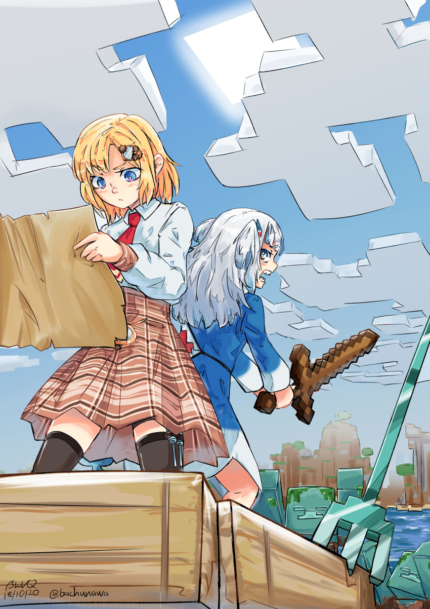 2girls absurdres artist_name bachunawa blonde_hair blue_eyes boat crossover dated english_commentary gawr_gura highres holding holding_sword holding_weapon hololive hololive_english looking_at_map minecraft multiple_girls open_mouth sharp_teeth sword teeth virtual_youtuber watercraft watson_amelia weapon wooden_sword zombie_(minecraft)