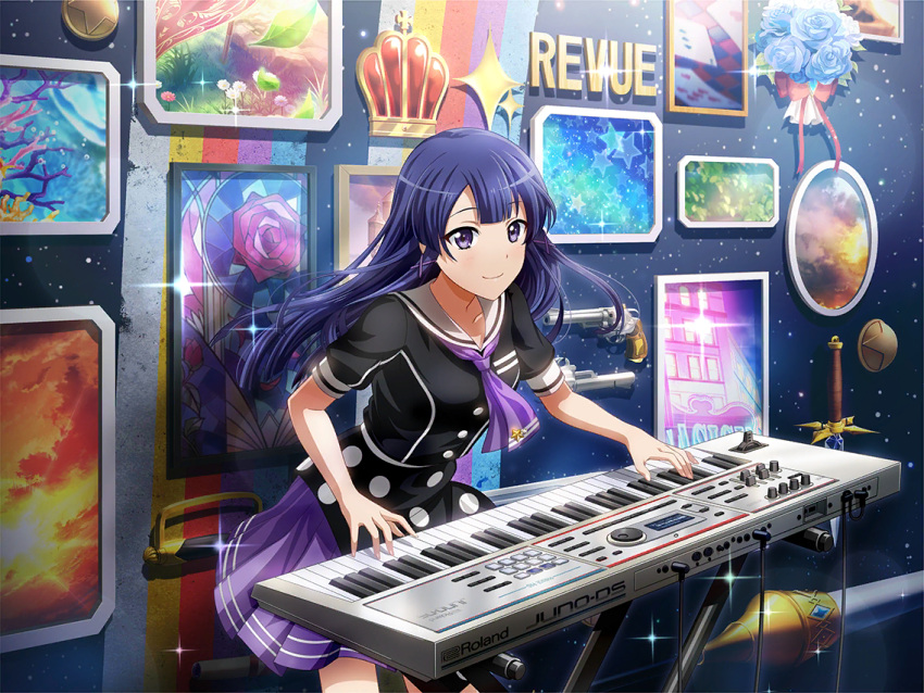 1girl dress keyboard_(instrument) long_hair purple_hair shoujo_kageki_revue_starlight smile solo tomoe_tamao violet_eyes