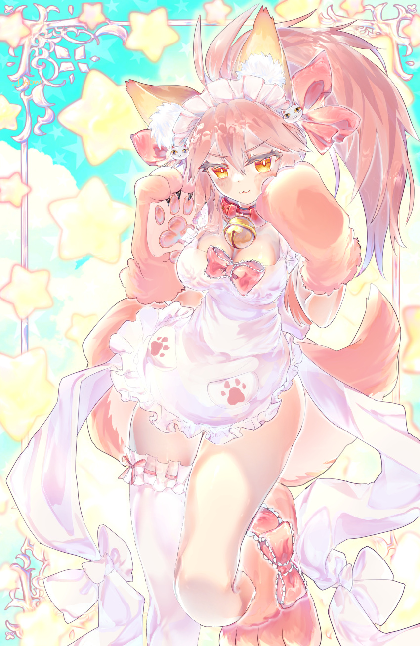 1girl absurdres animal_ear_fluff animal_ears apron bangs bare_shoulders bell bell_collar blush bow breasts cat_hair_ornament collar fate/extra fate/grand_order fate_(series) fox_ears fox_girl fox_tail gloves hair_bow hair_ornament highres jingle_bell large_breasts long_hair looking_at_viewer maid_headdress naked_apron paw_gloves paw_shoes paws pink_hair ponytail red_bow shoes shownote sidelocks smile tail tamamo_(fate)_(all) tamamo_cat_(fate) white_apron yellow_eyes