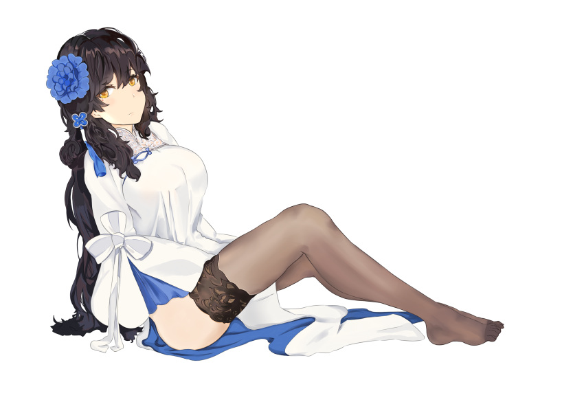 1girl absurdres black_hair black_legwear breasts closed_mouth dress eyebrows_visible_through_hair flower girls_frontline hair_flower hair_ornament highres hsubo legs long_hair looking_at_viewer medium_breasts mole mole_under_eye no_shoes qbz-95_(girls_frontline) sitting_on_floor solo thigh-highs thighs white_background white_dress yellow_eyes