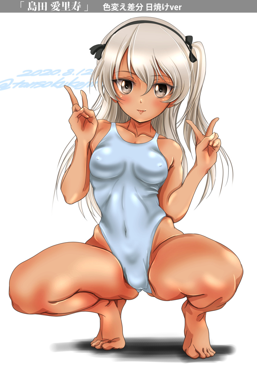 1girl absurdres barefoot blue_background blue_swimsuit breasts brown_eyes dated double_v girls_und_panzer hairband highleg highleg_swimsuit highres light_brown_hair long_hair looking_at_viewer one_side_up shimada_arisu simple_background small_breasts solo squatting swimsuit tan tomokoji twitter_username v white_background white_hairband